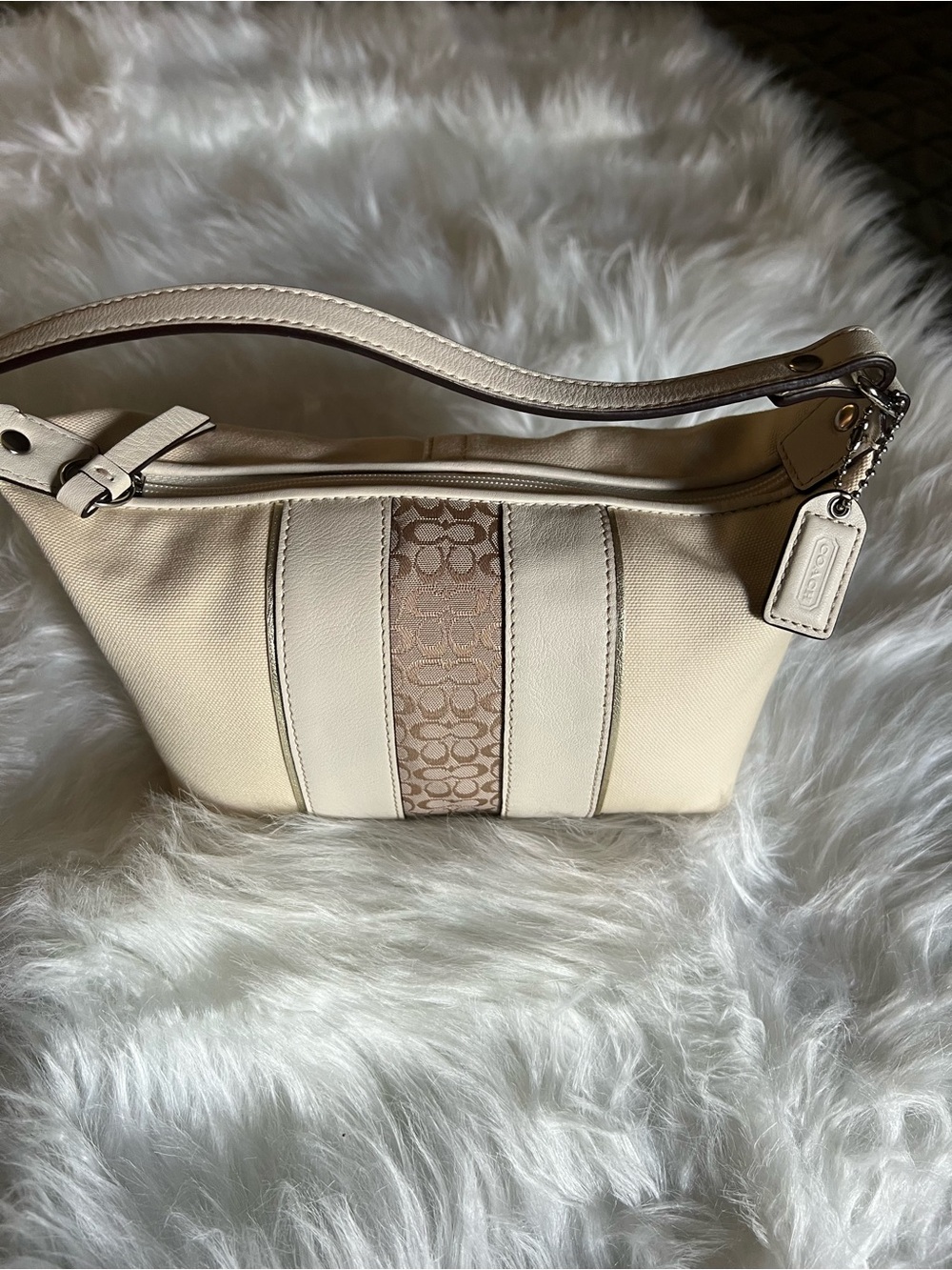 Coach Cream Signature Stripe Shoulder Bag with Tan Accent